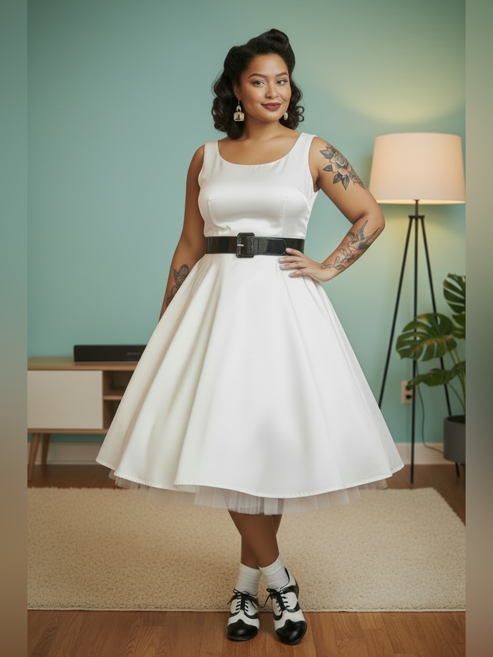 Vintage 50's Style White Midi Fit Flare Bridal Swing Dress Rockabilly XL